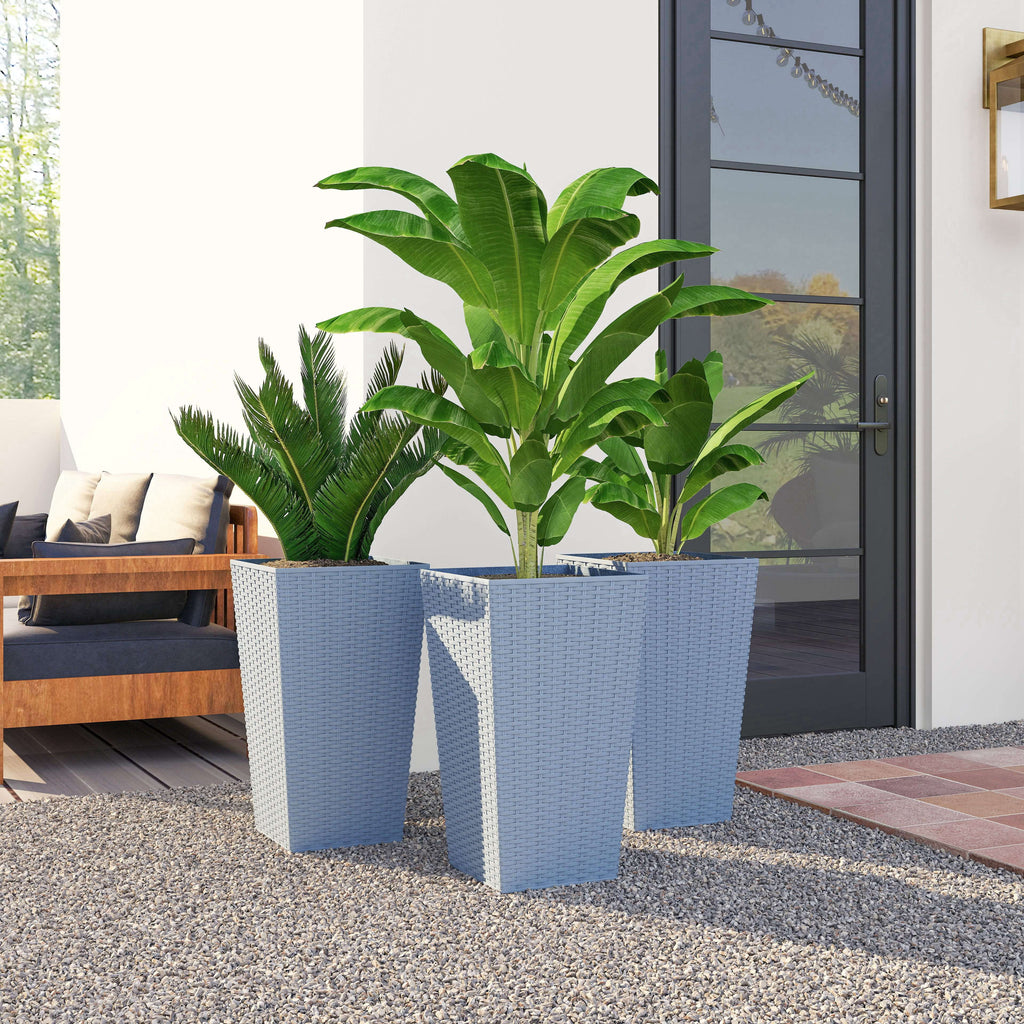 Set of 3 Tall Rattan-Texture Planters – Light Gray, 24″