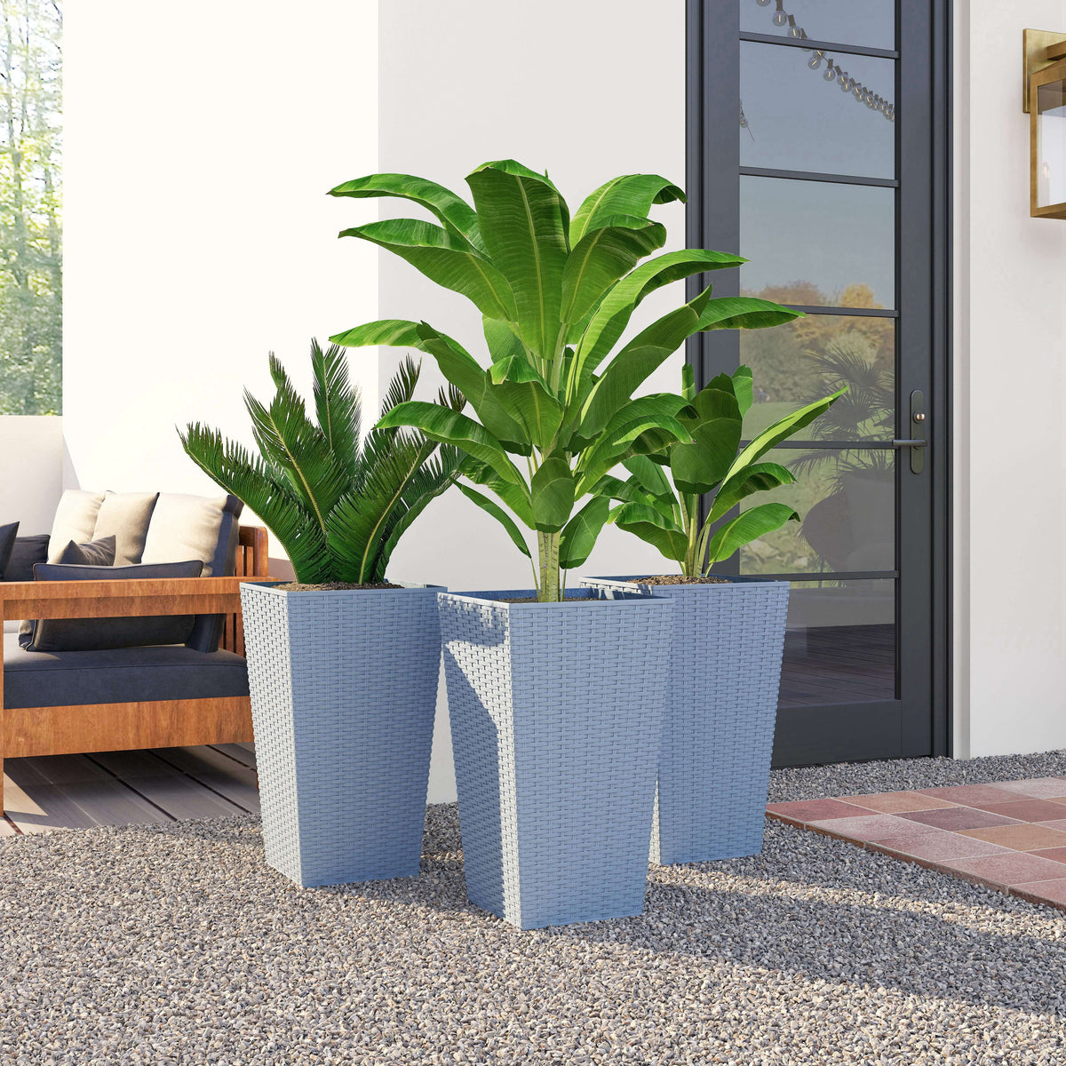 Set of 3 Tall Rattan-Texture Planters – Light Gray, 24″