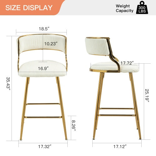 Set of 2 Corduroy Counter Stools with Gold Base