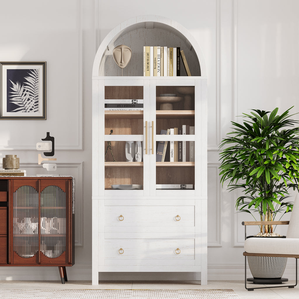 71" White Arched Pantry Cabinet with Glass Doors