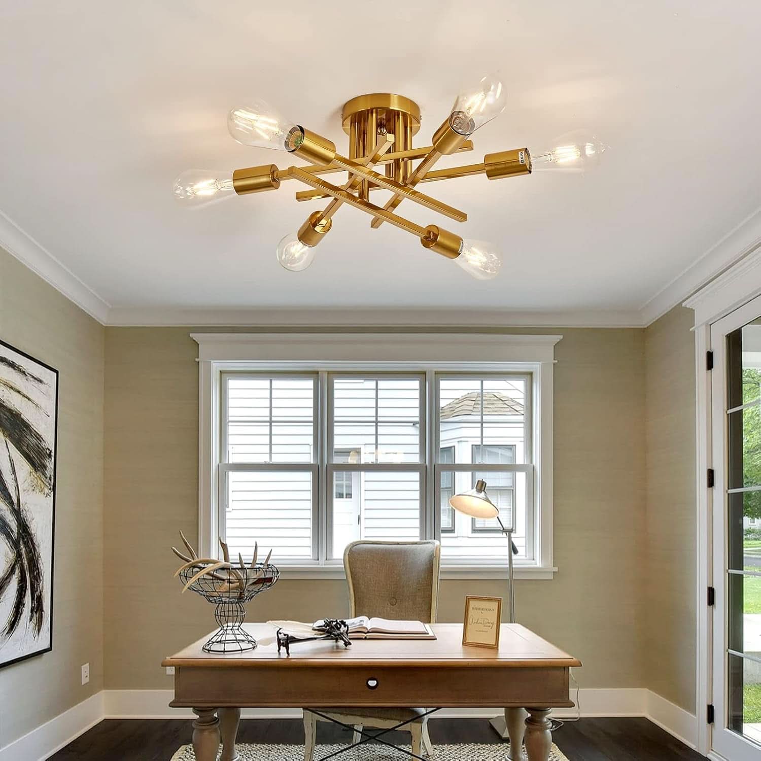 Gold Sputnik Chandelier Semi Flush Mount Ceiling Light-1