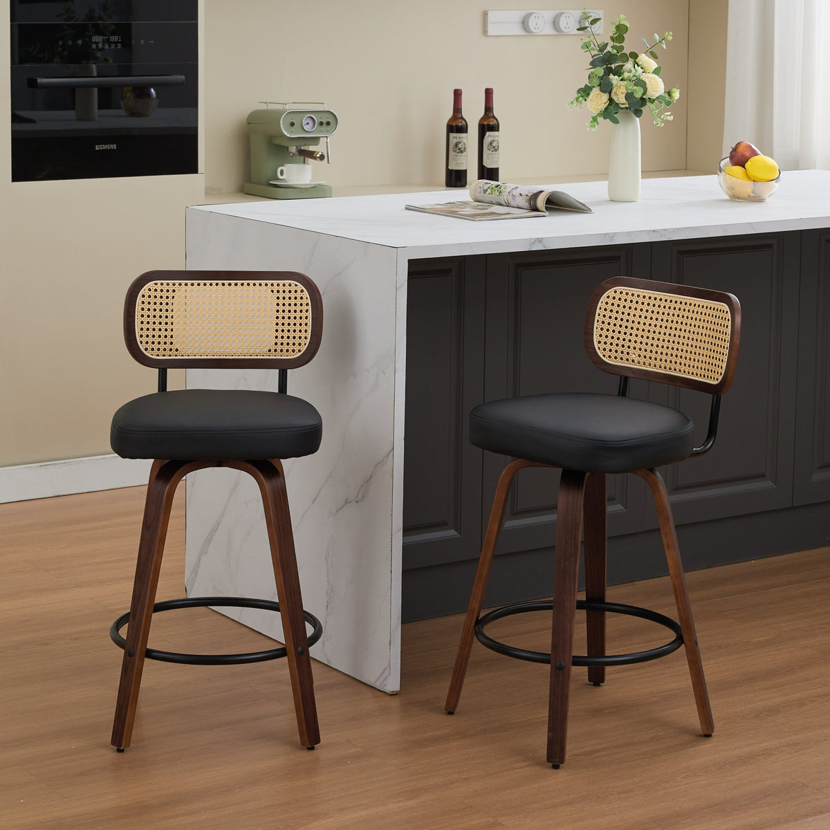 Set of 2 Rattan Swivel Counter Stools – Walnut & Black – Black