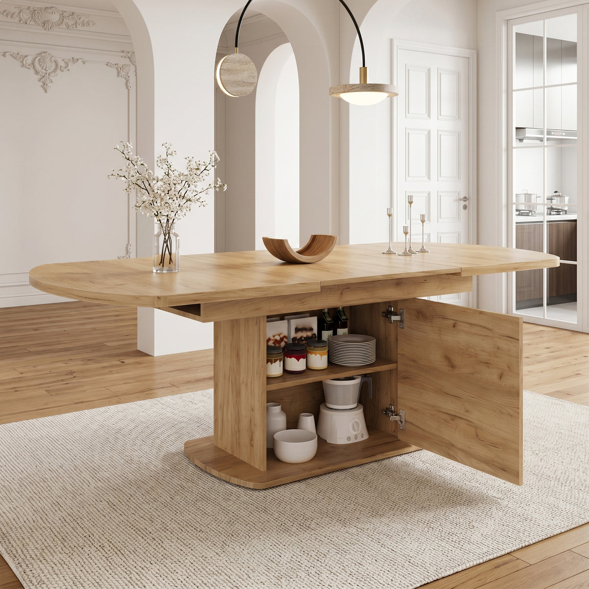 Extendable Oak Oval Dining Table with Storage