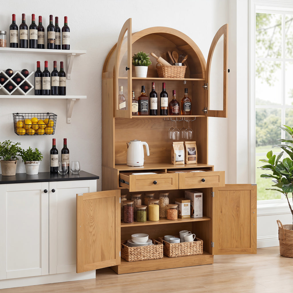 75" Oak Arched Pantry Cabinet with Charging Station