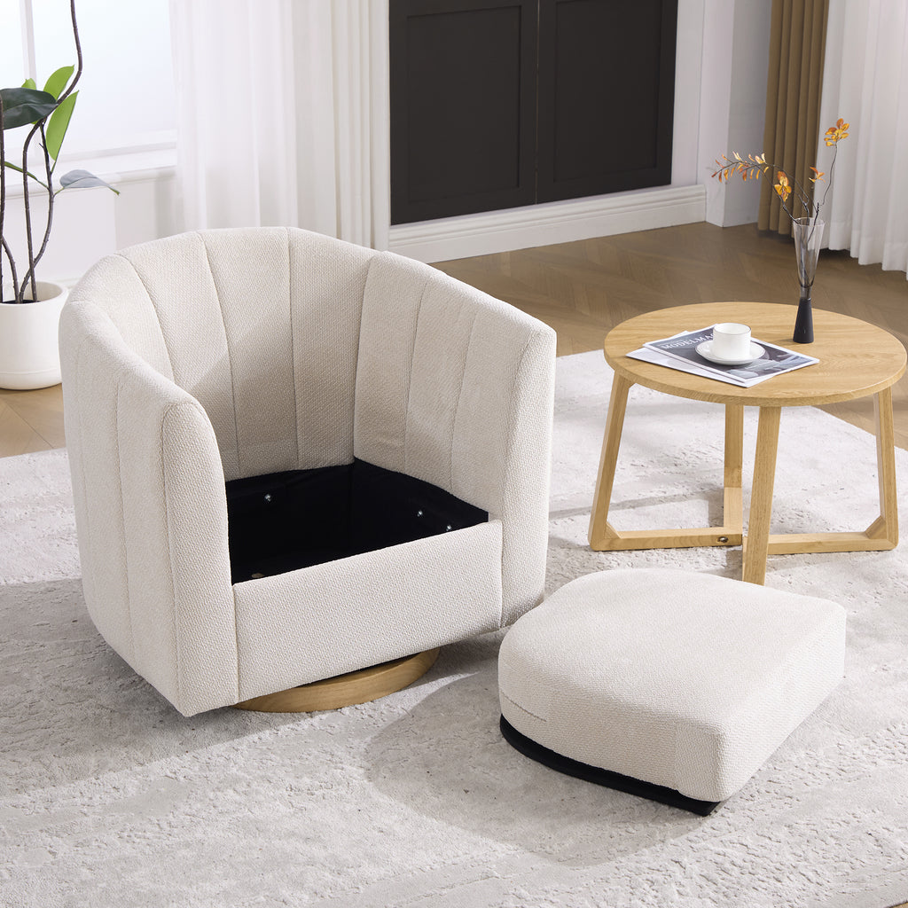 31" Beige Chenille Swivel Barrel Chair
