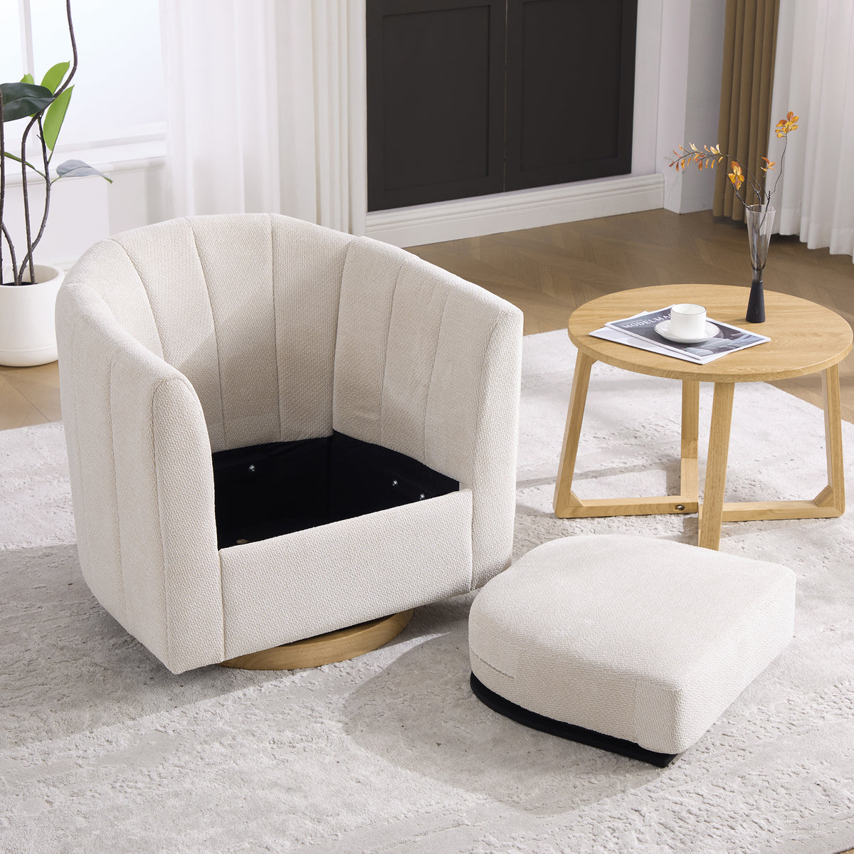 31" Beige Chenille Swivel Barrel Chair