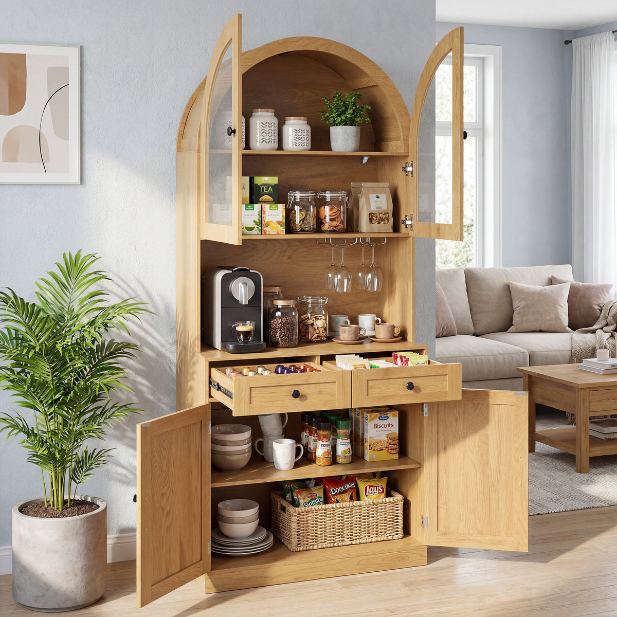 75" Oak Arched Pantry Cabinet with Charging Station