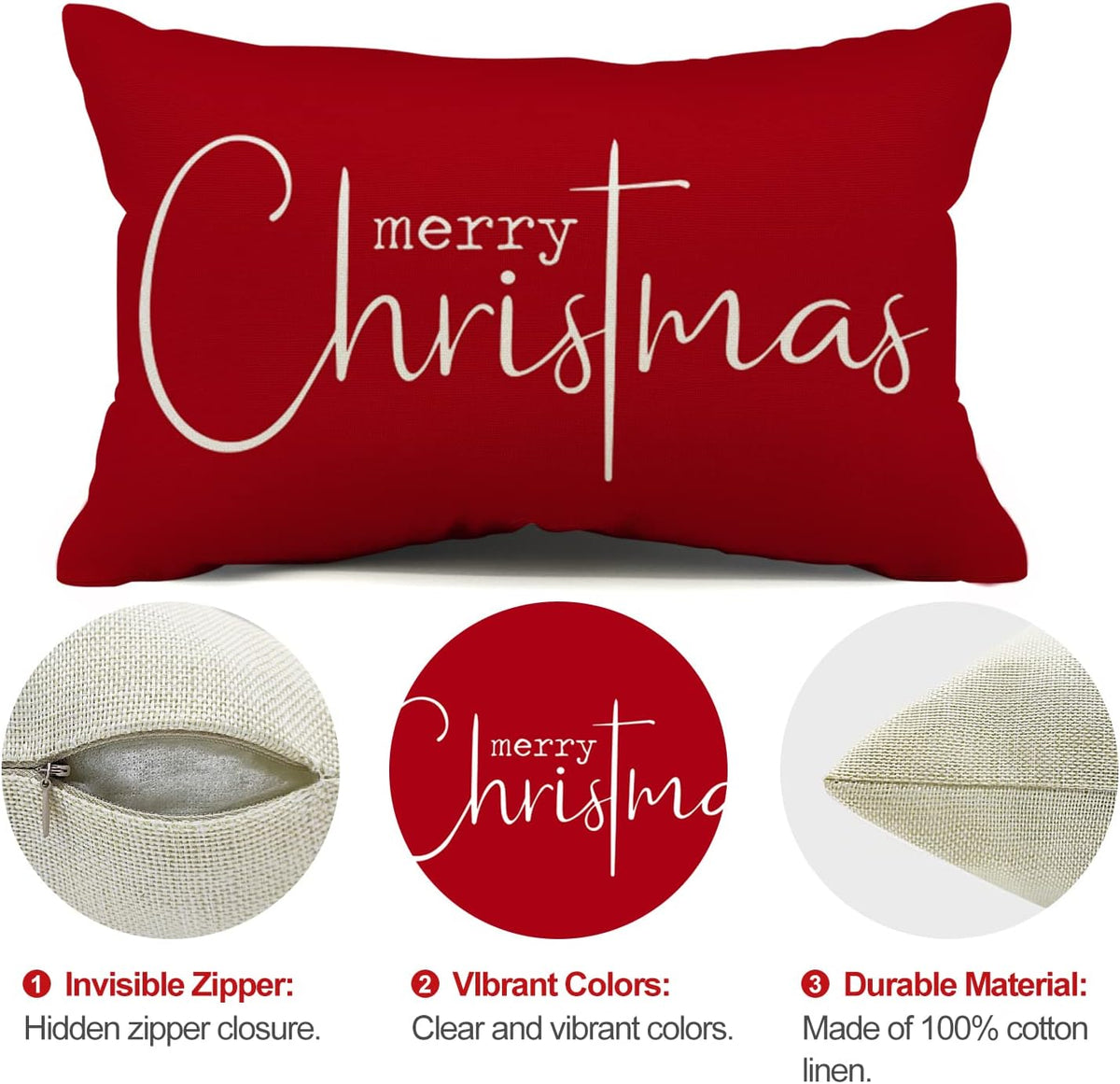 Merry Christmas Lumbar Pillow Cover – Red, 12″ × 20″