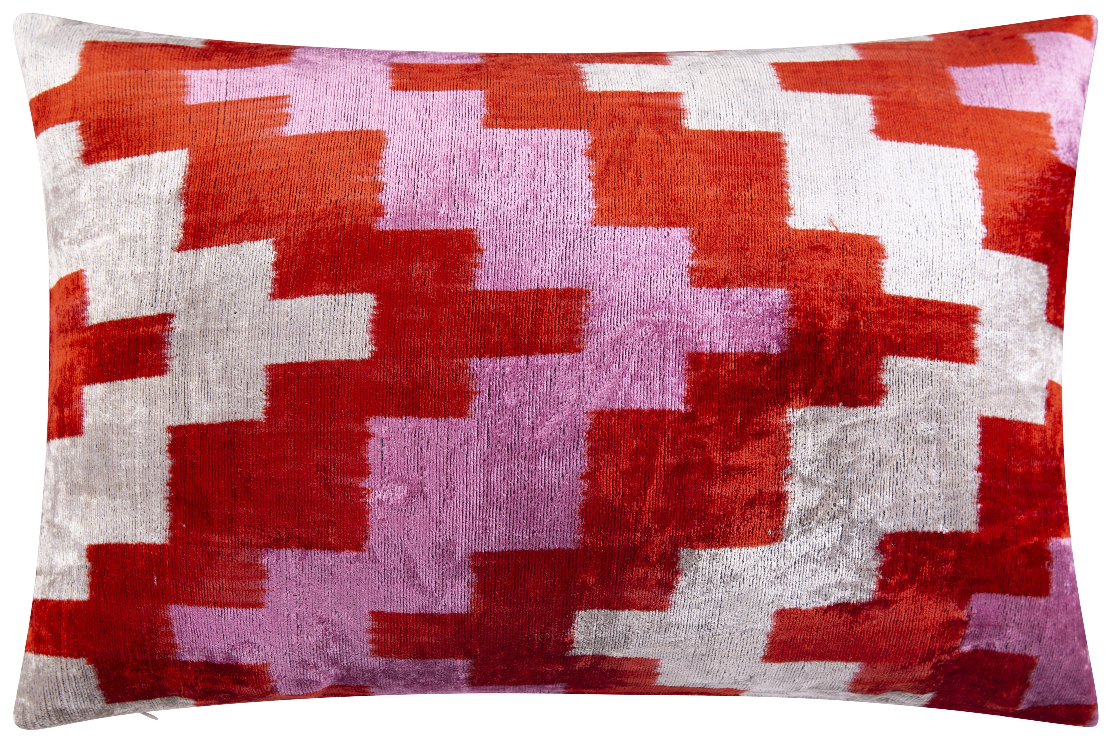 Handmade Velvet Throw Pillow - 16x24 Inches, Naturally Vegetable-Dyed, Premium Down Feather Insert - Red, Pink, and Beige Abstract Geometric Design, Luxury Home Decor Accent-0