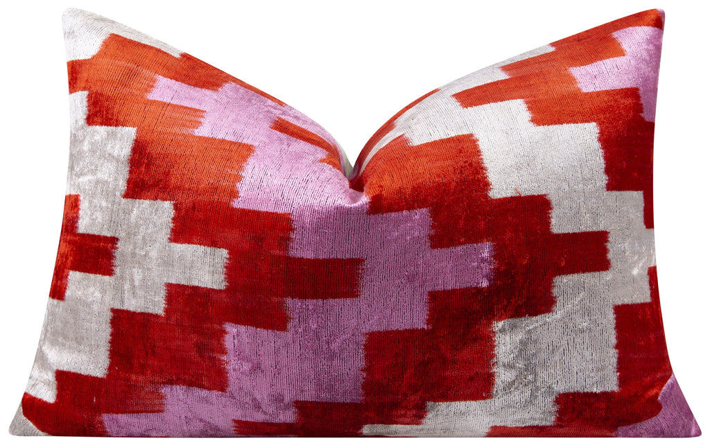 Handmade Velvet Throw Pillow - 16x24 Inches, Naturally Vegetable-Dyed, Premium Down Feather Insert - Red, Pink, and Beige Abstract Geometric Design, Luxury Home Decor Accent-2