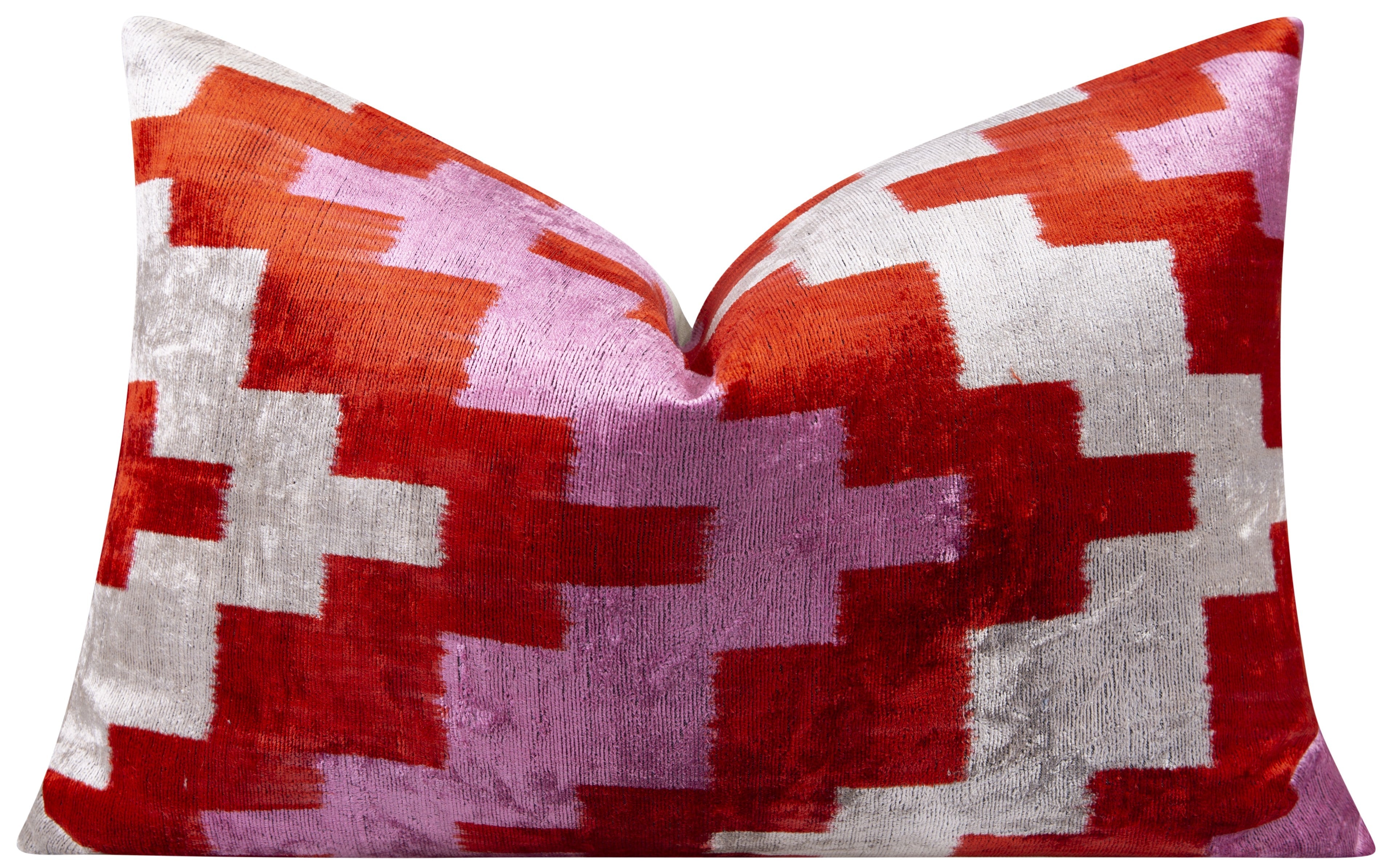 Handmade Velvet Throw Pillow - 16x24 Inches, Naturally Vegetable-Dyed, Premium Down Feather Insert - Red, Pink, and Beige Abstract Geometric Design, Luxury Home Decor Accent-2