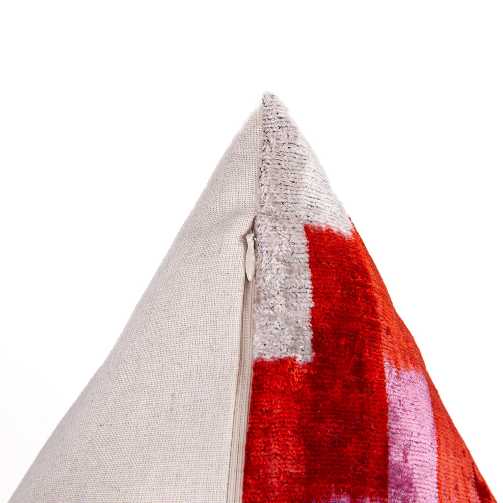 Handmade Velvet Throw Pillow - 16x24 Inches, Naturally Vegetable-Dyed, Premium Down Feather Insert - Red, Pink, and Beige Abstract Geometric Design, Luxury Home Decor Accent-4