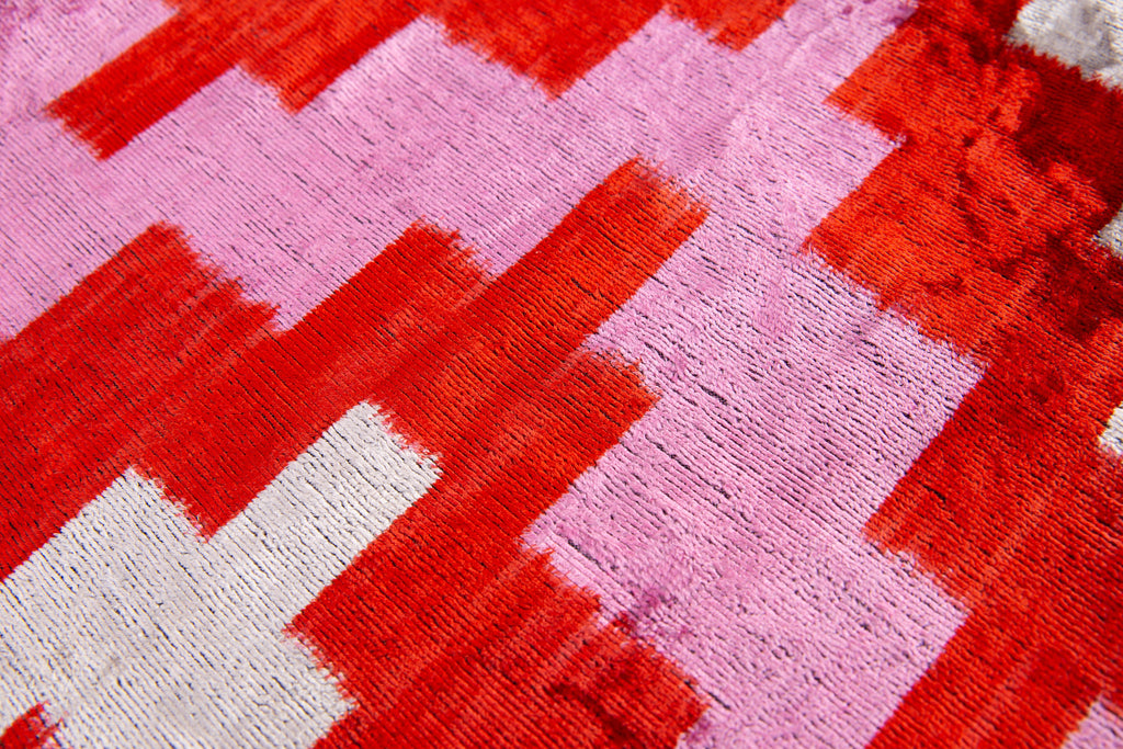 Handmade Velvet Throw Pillow - 16x24 Inches, Naturally Vegetable-Dyed, Premium Down Feather Insert - Red, Pink, and Beige Abstract Geometric Design, Luxury Home Decor Accent-3