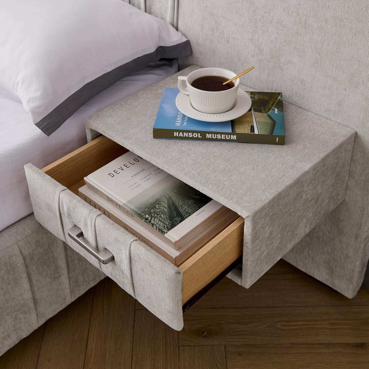 Queen Size Chenille Beige Upholstered Bedframe Night stands-3