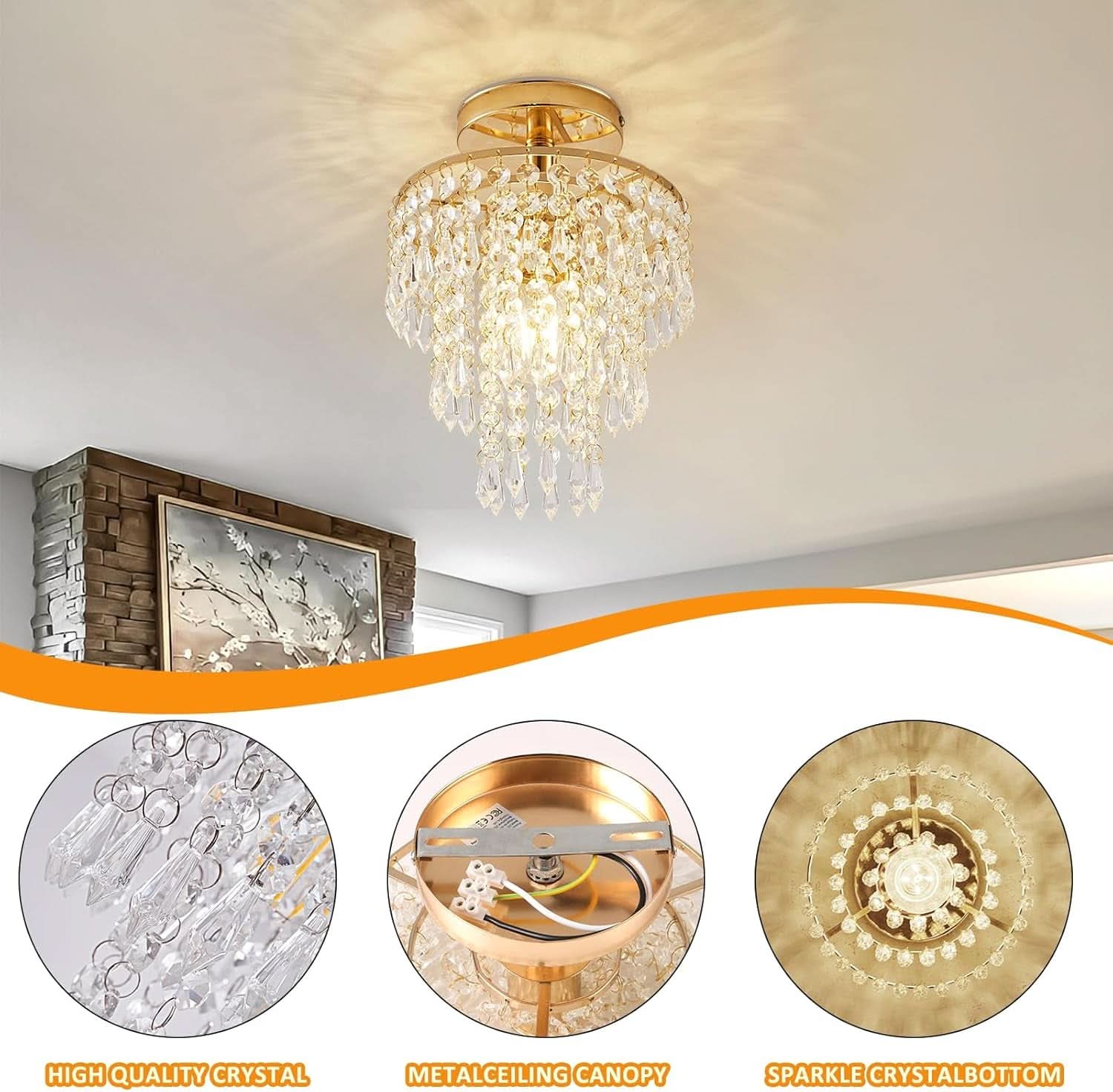 Gold Mini Crystal Chandelier 3-Tier Raindrops Light-3