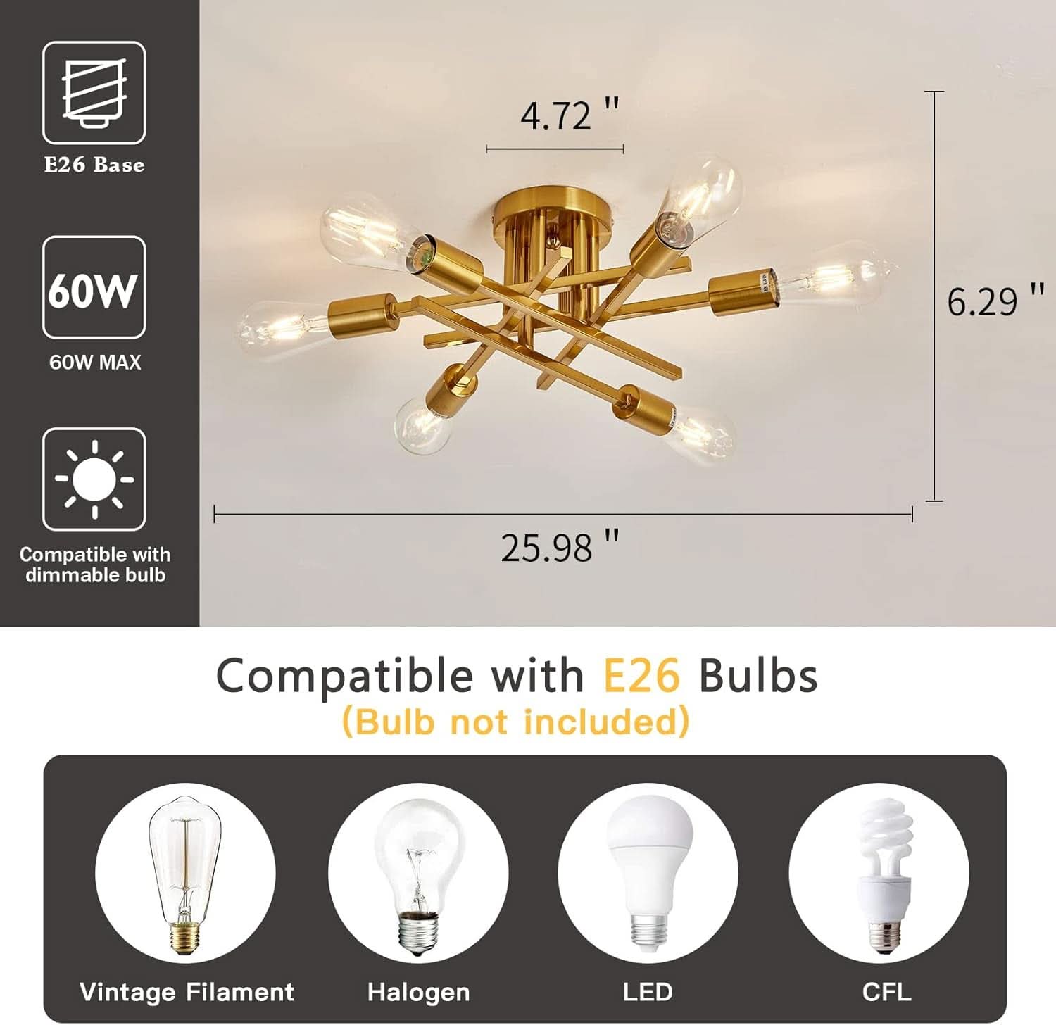 Gold Sputnik Chandelier Semi Flush Mount Ceiling Light-2