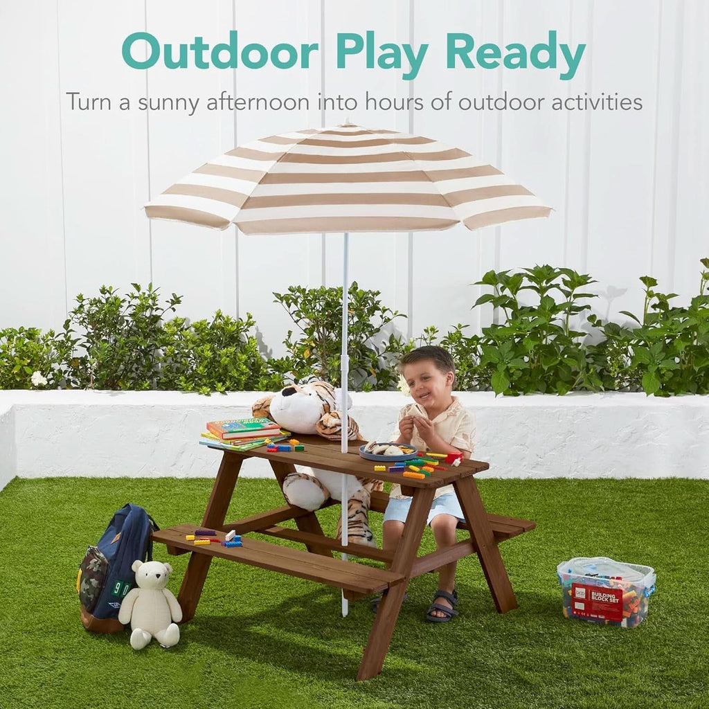 Walnut Wooden Kids Picnic Table With Adjustable Umbrella-2