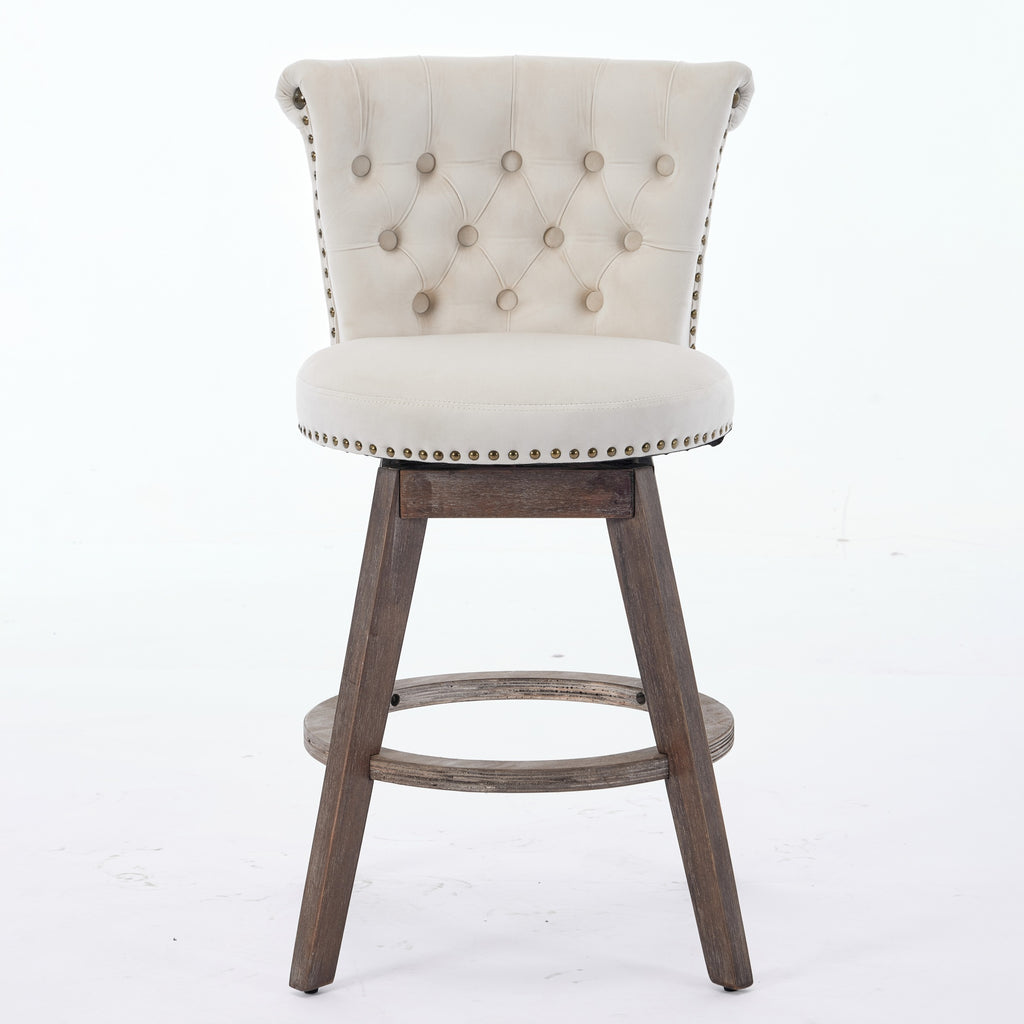 Set of 2 Tufted Velvet Swivel Counter Stools – Beige – Beige