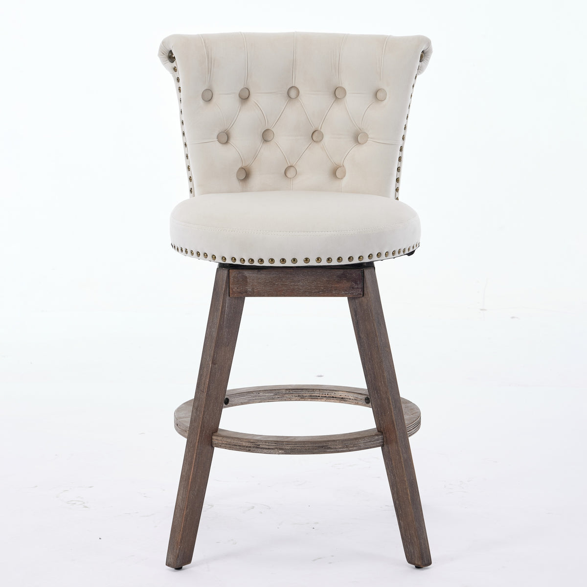 Set of 2 Tufted Velvet Swivel Counter Stools – Beige – Beige