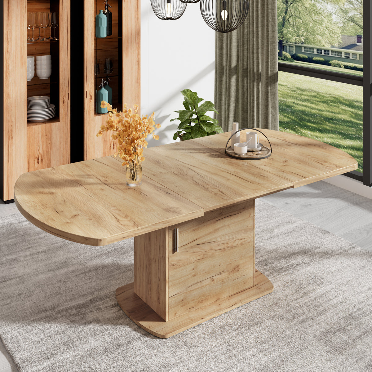 Extendable Oak Oval Dining Table with Storage