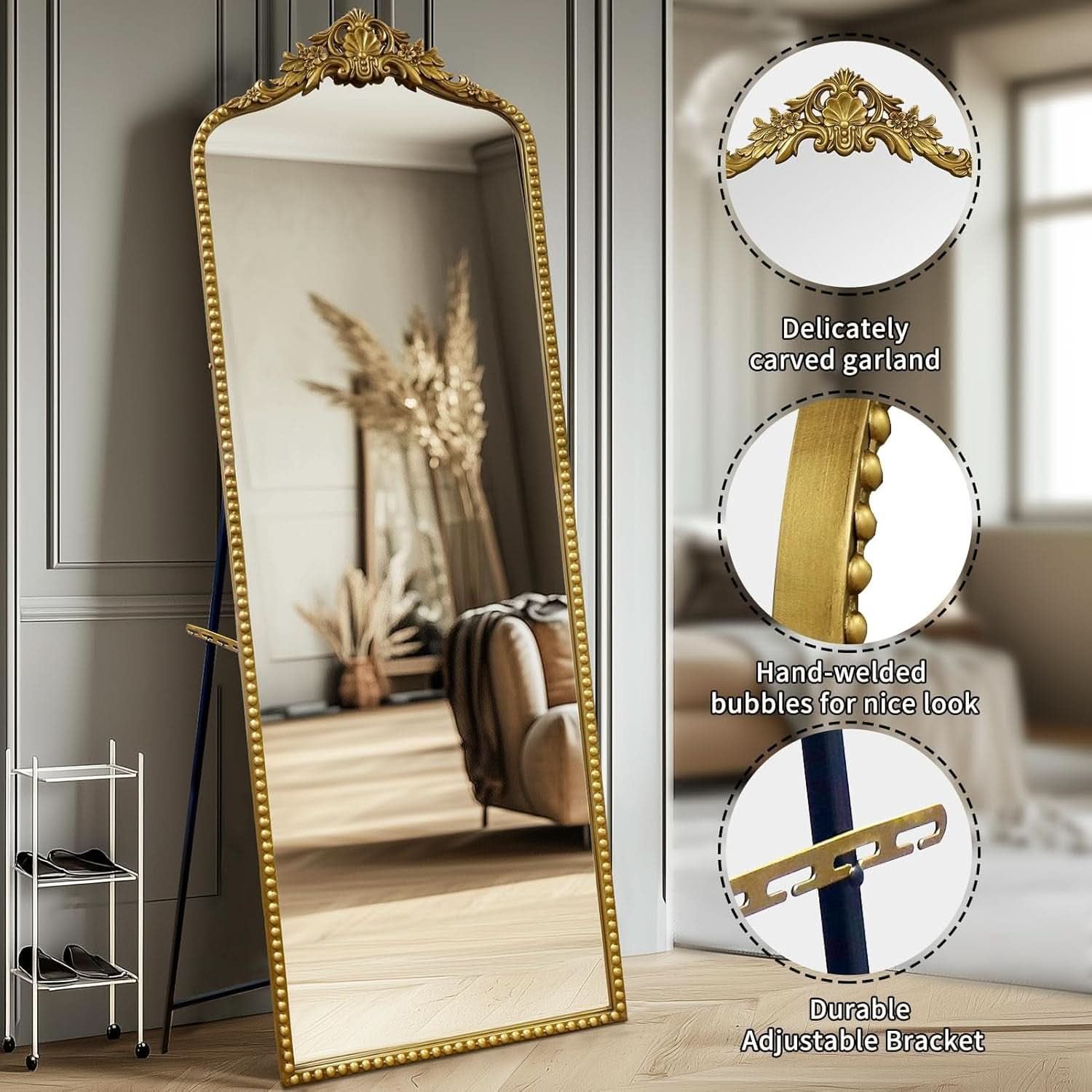 65 Inch Gold Baroque Full Length Floor Mirror Ornate Antique-2