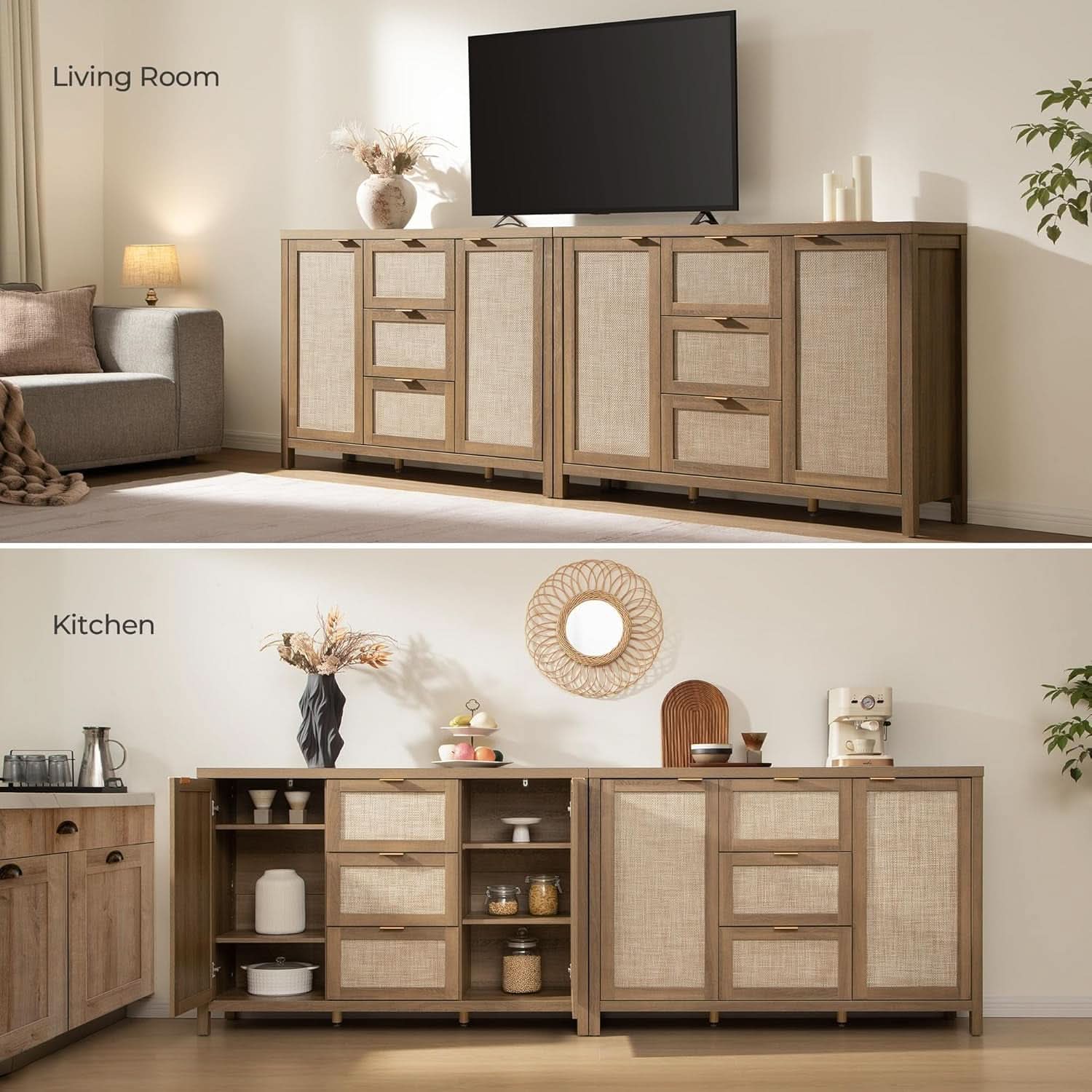 Caramel Oak Rattan Large Sideboard Buffet Storage Cabinet-4