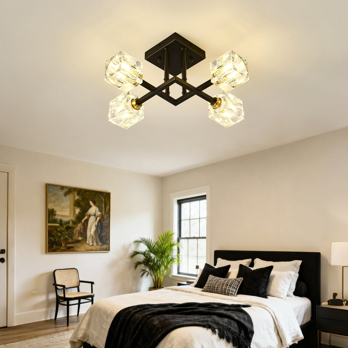 4-Light Crystal Flush Mount Ceiling Light – Matte Black