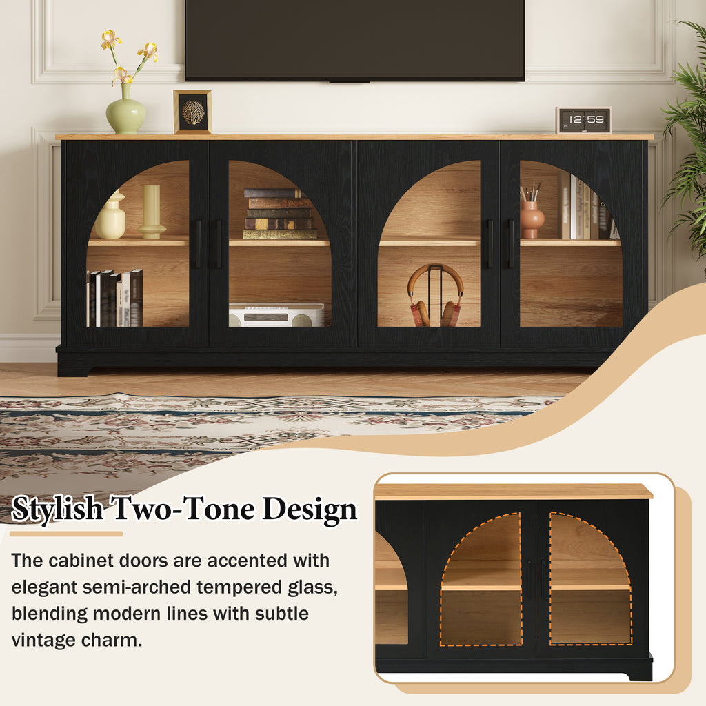 Farmhouse TV Stand with Arched Glass Doors – Black & Natural