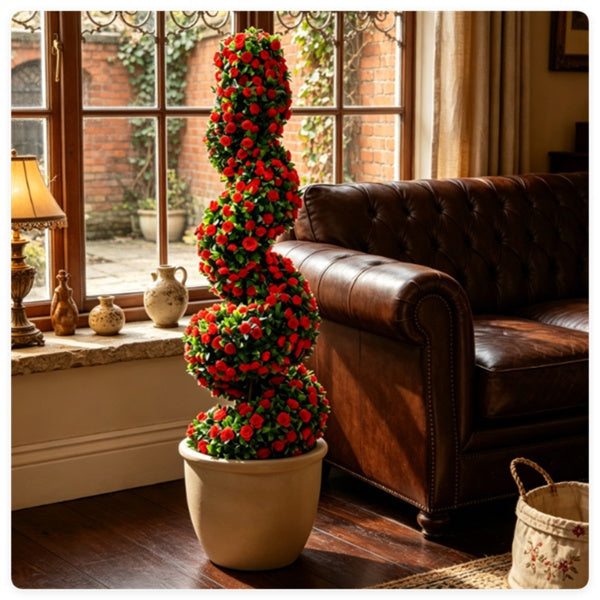 Set of 2 Artificial Spiral Flower Topiaries – Red