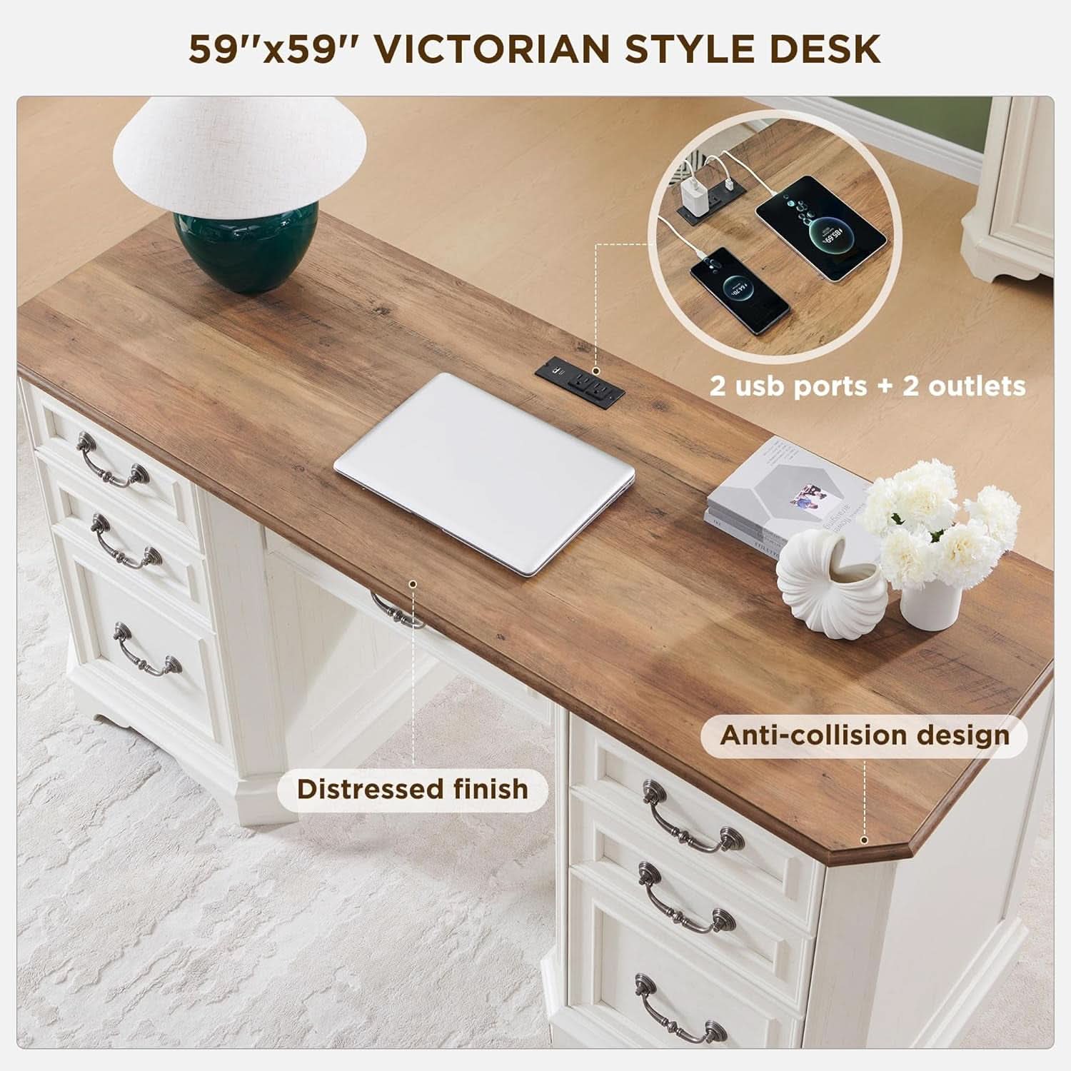 59 Victorian Farmhouse Executive Desk Antique White-3