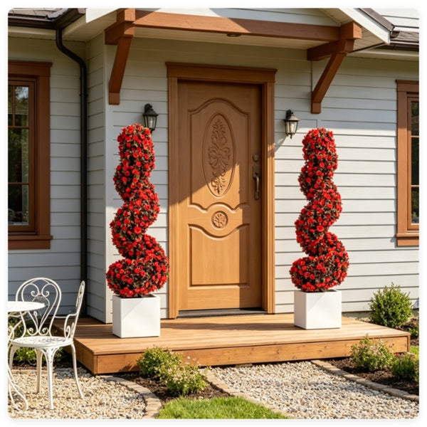 Set of 2 Artificial Spiral Flower Topiaries – Red