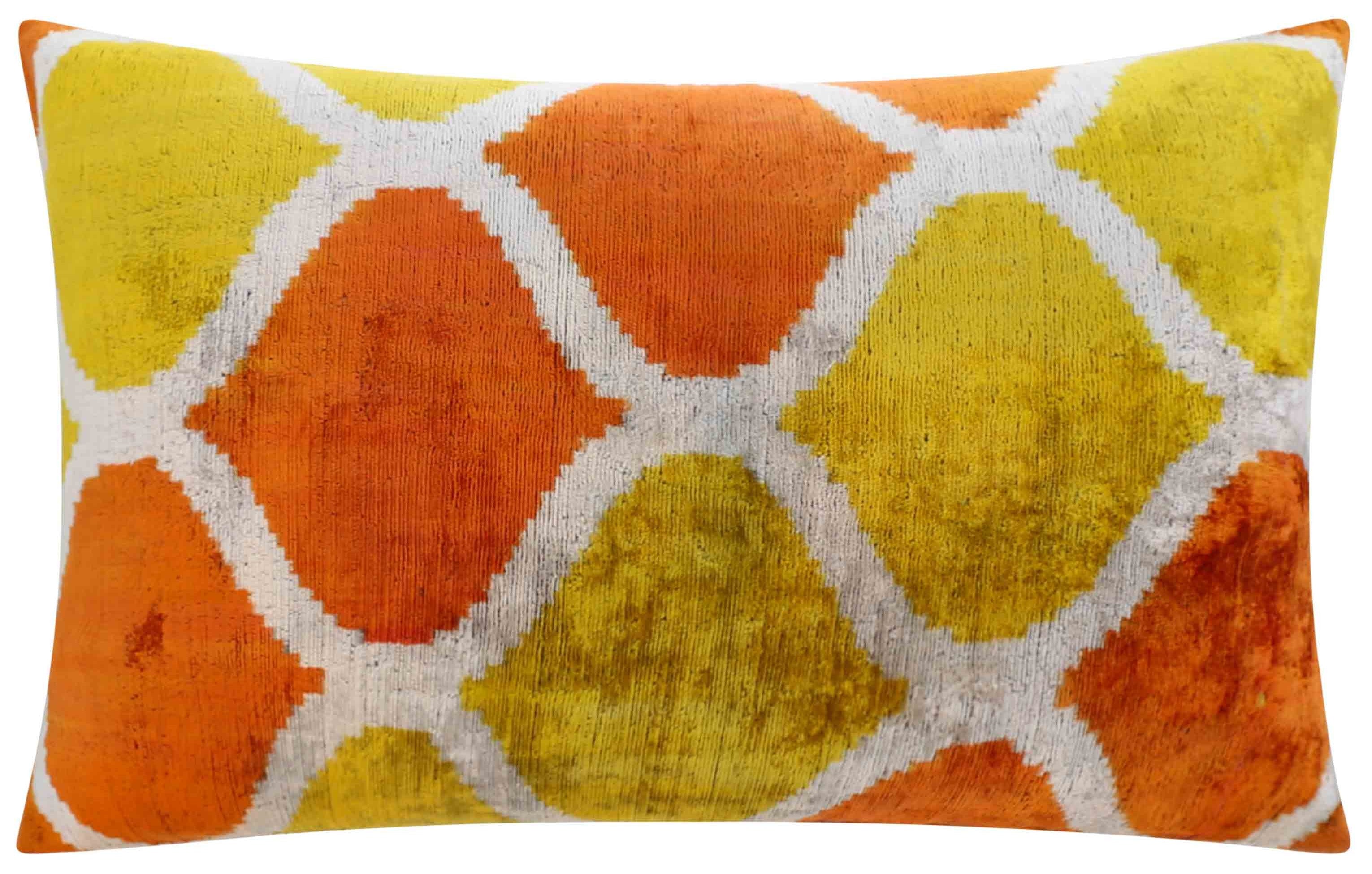 Handmade Fall Silk Velvet Throw Pillow - 16x24, Orange and Yellow Geometric Design with Down Feather Insert-3