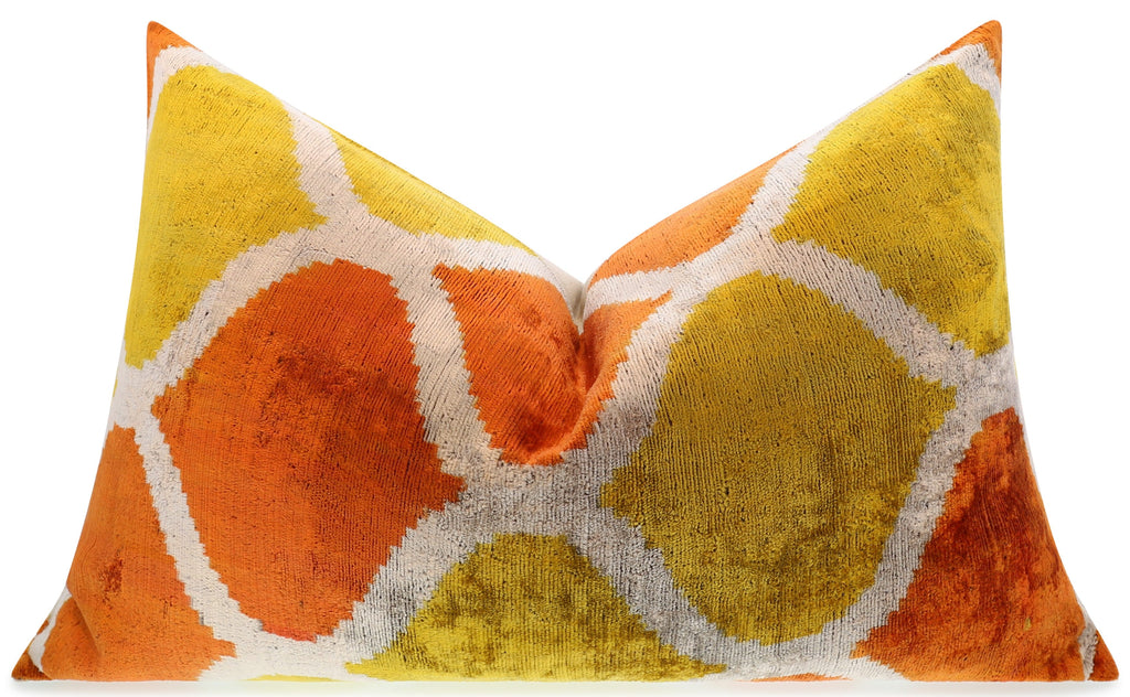 Handmade Fall Silk Velvet Throw Pillow - 16x24, Orange and Yellow Geometric Design with Down Feather Insert-0