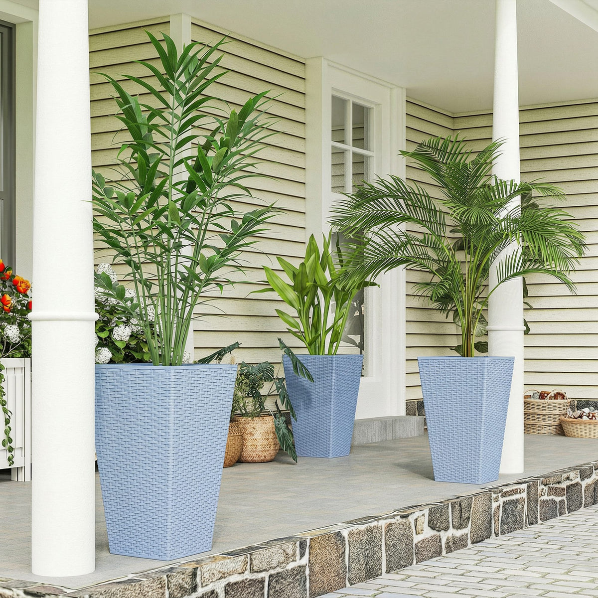 Set of 3 Tall Rattan-Texture Planters – Light Gray, 24″ – Light Gray