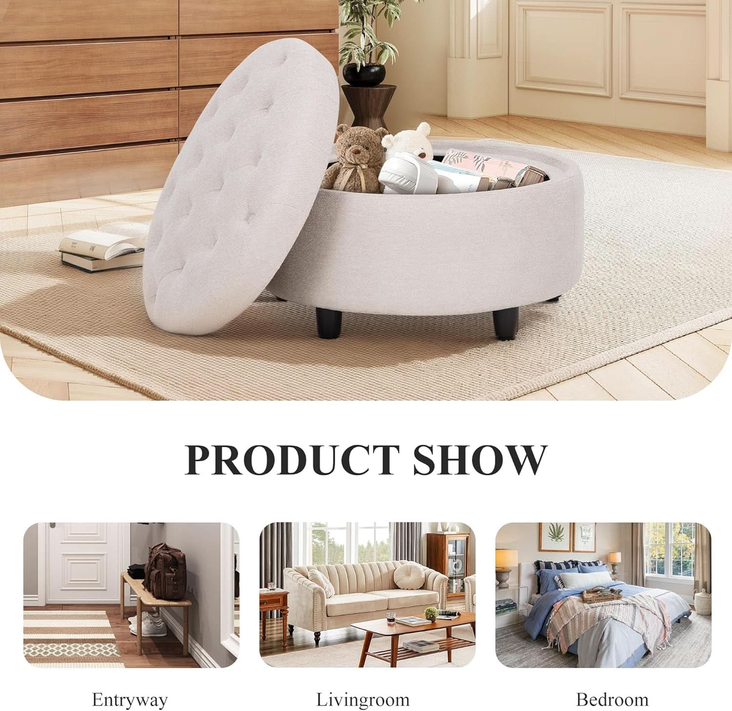 Beige Polyester Circular Storage Ottoman With Tray-4