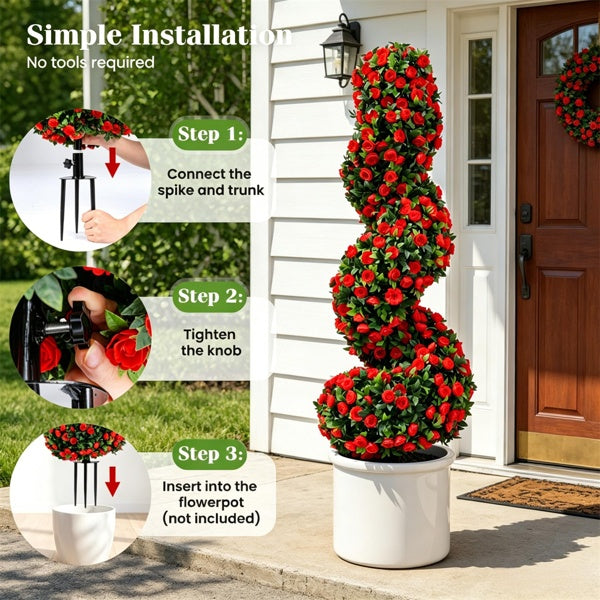 Set of 2 Artificial Spiral Flower Topiaries – Red