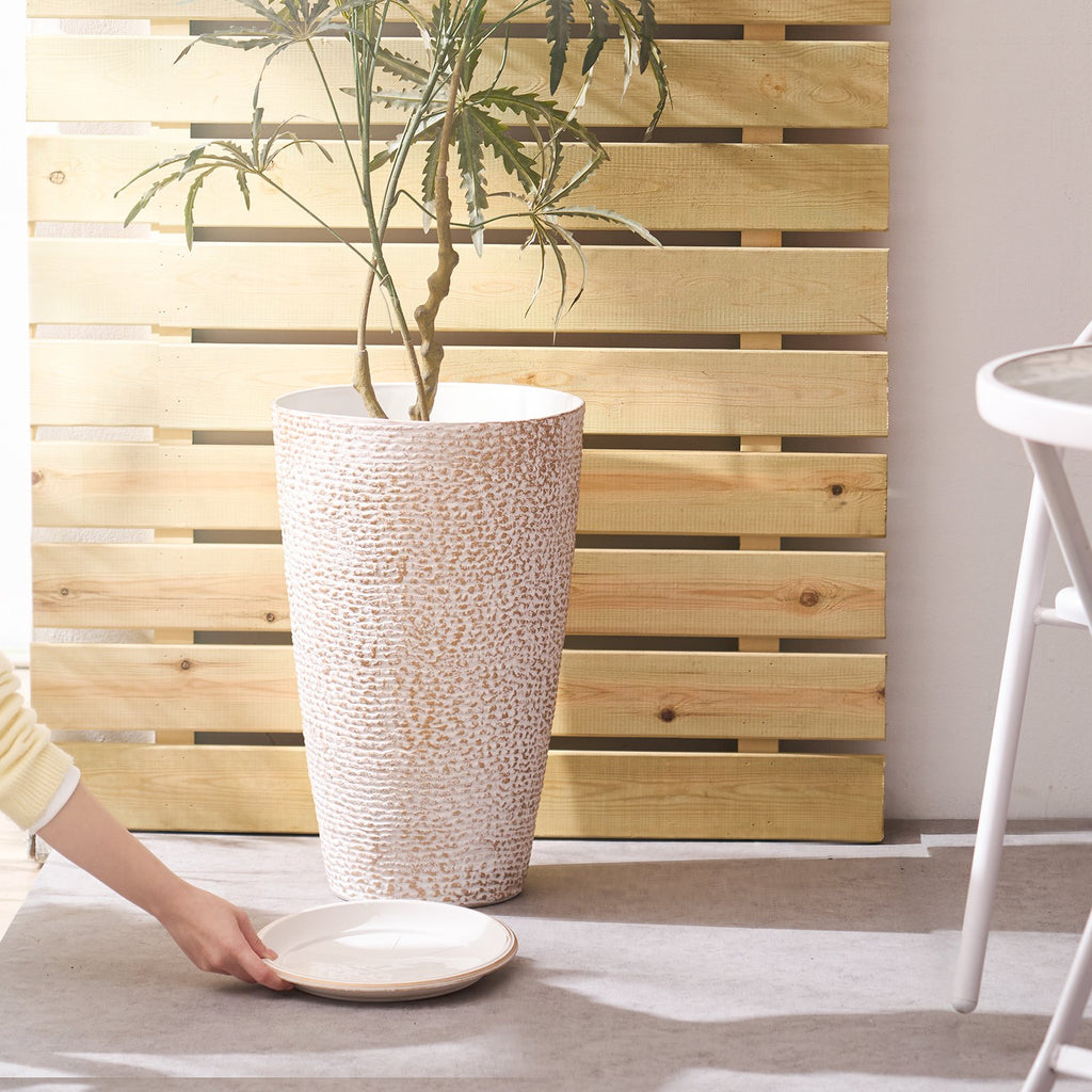 Set of 2 Tall Stone-Finish Planters – Beige, 21″
