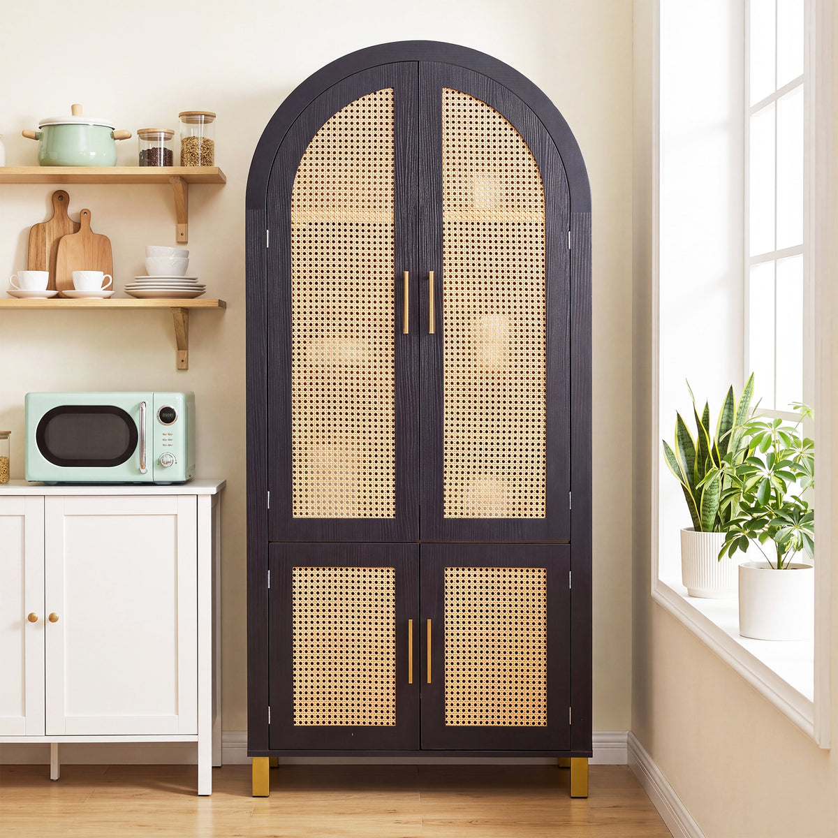 71" Black Arched Rattan Storage Cabinet
