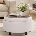 Beige Polyester Circular Storage Ottoman With Tray-0