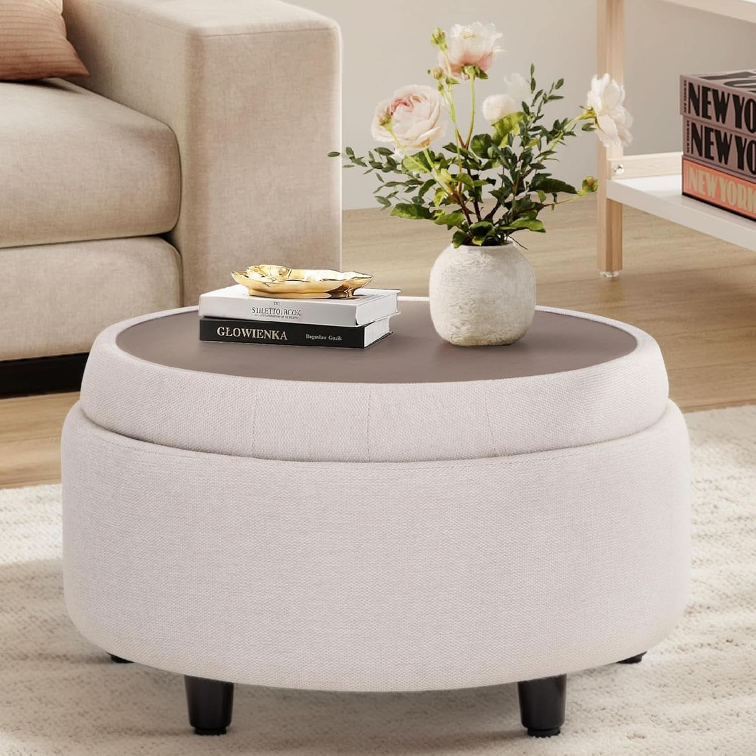 Beige Polyester Circular Storage Ottoman With Tray-0