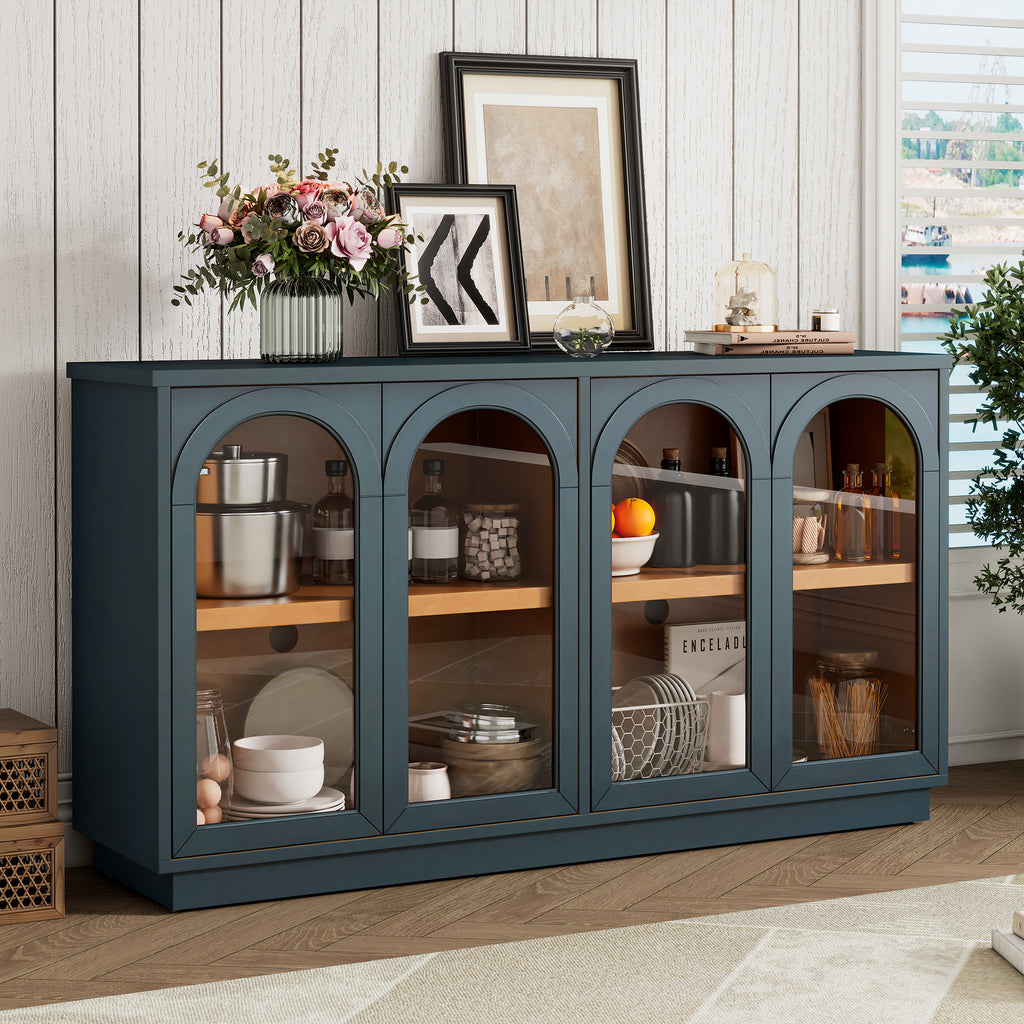 Navy Arched 4-Door Glass Buffet Cabinet