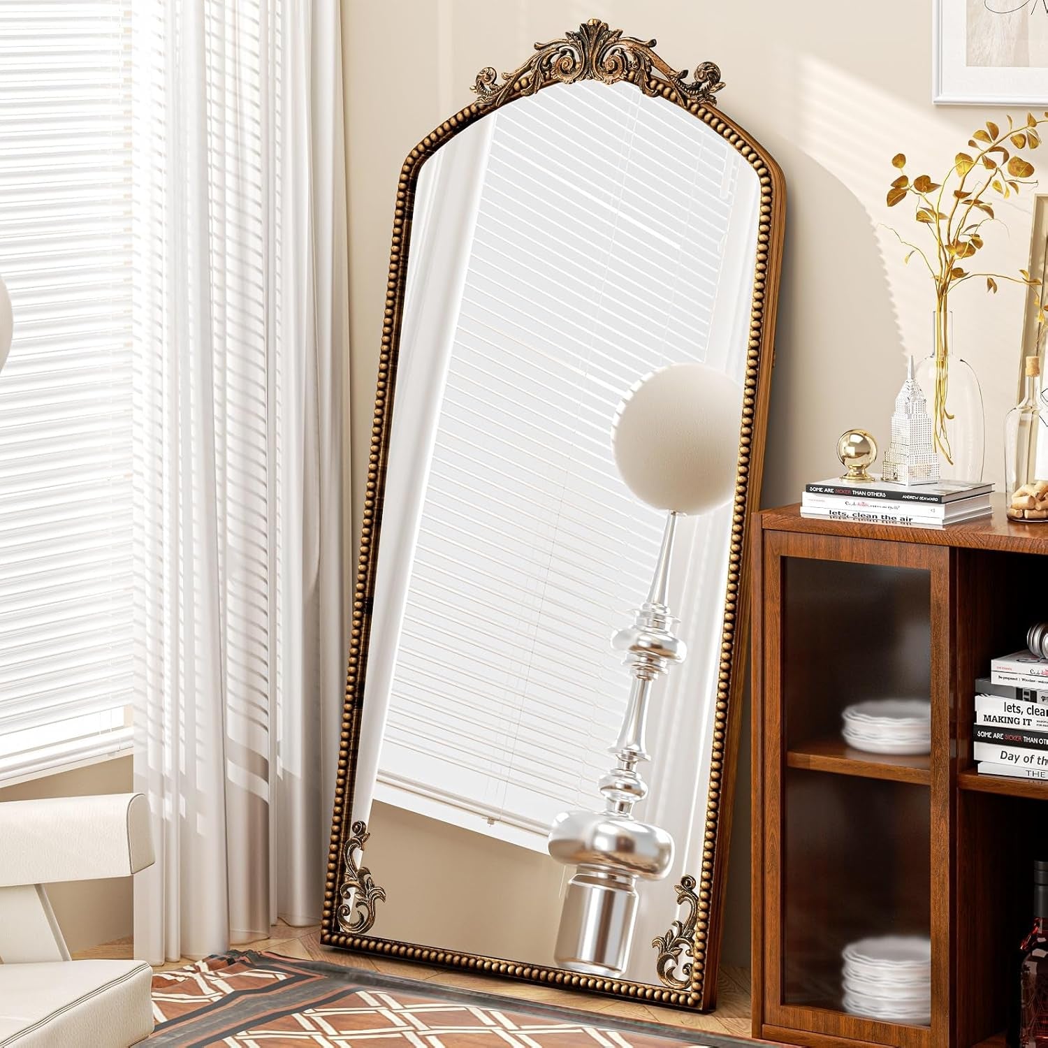 Gold Arched Floor Length Mirror Antiqued Bronze 71x32-3