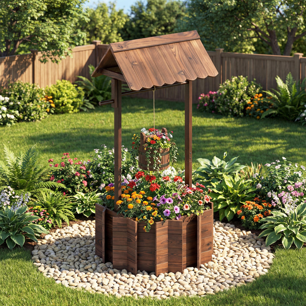 Rustic Wood Wishing Well Planter – Natural Wood