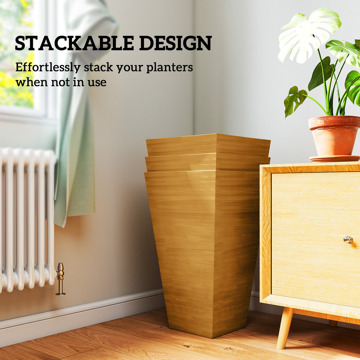 Set of 3 Tall Faux-Wood Planters – Light Brown, 28″