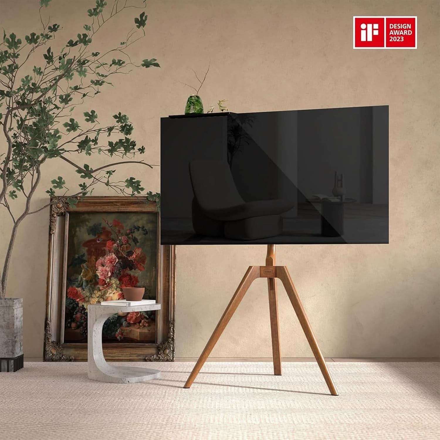 Wood Easel TV Stand For 45 To 65 Inch TVs Walnut Floor-1