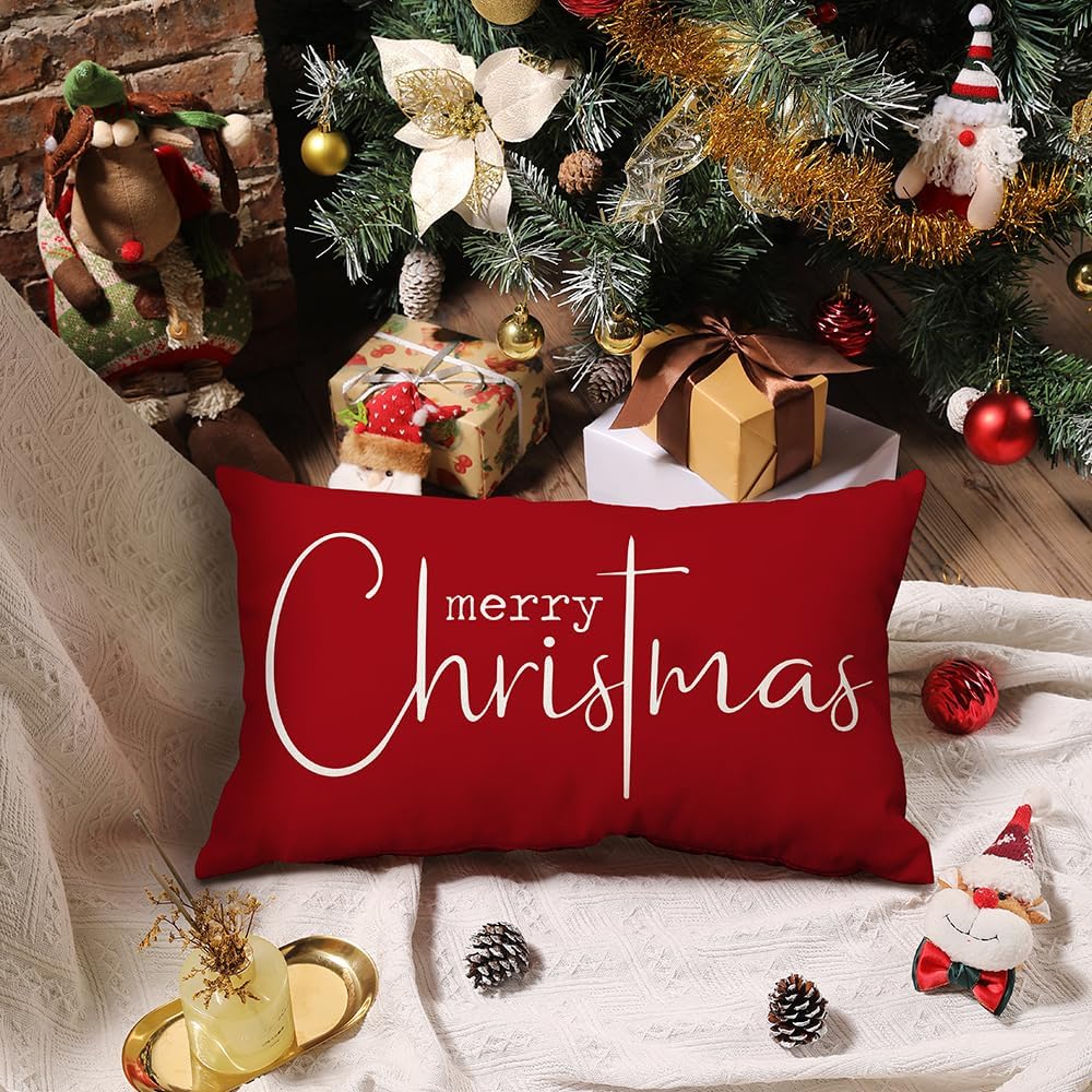 Merry Christmas Lumbar Pillow Cover – Red, 12″ × 20″