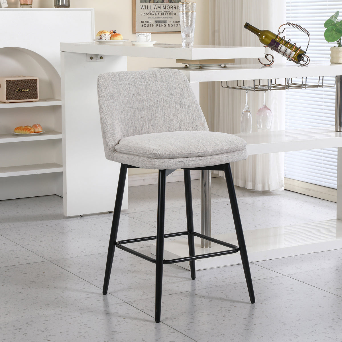 Set of 2 Swivel Linen Counter Stools – Off White