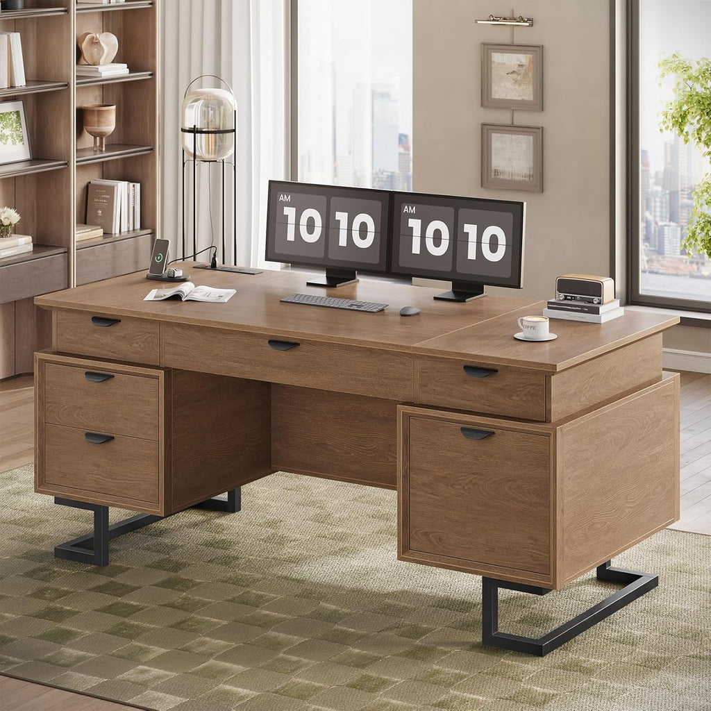 63 Inch Executive Desk With Integrated Charging Station-0