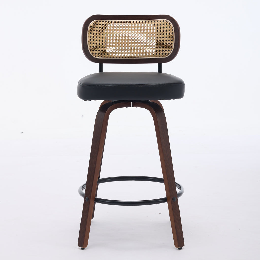 Set of 2 Rattan Swivel Counter Stools – Walnut & Black