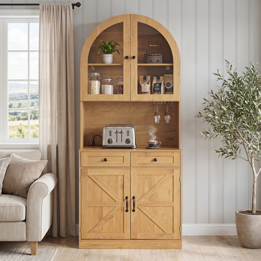 75" Oak Arched Pantry Cabinet with Charging Station